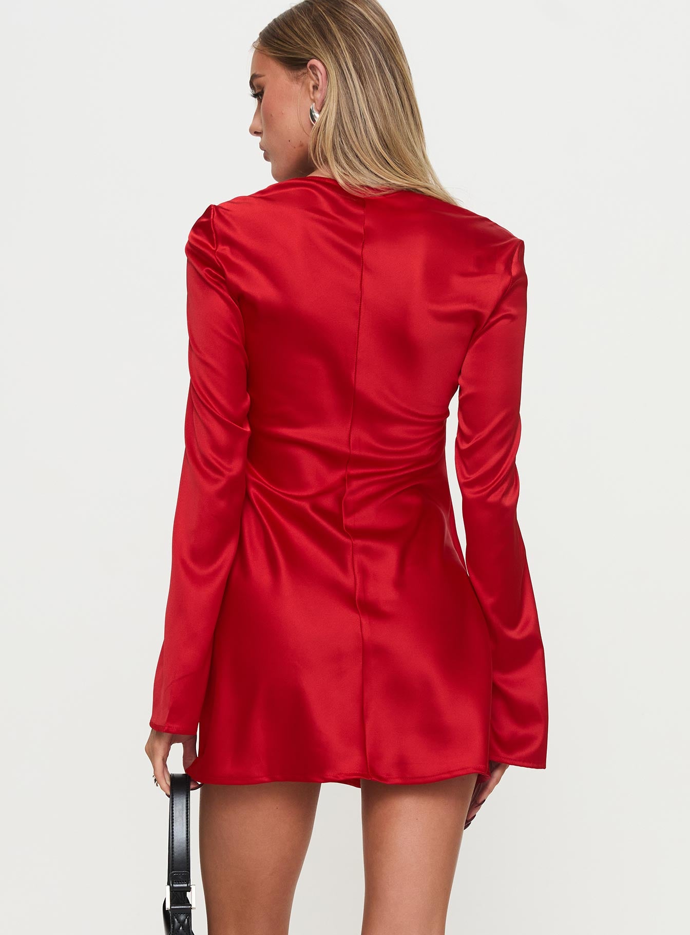back view of model wearing Princess Polly Phillipa Long Sleeve Mini Dress Red Square Neck 
