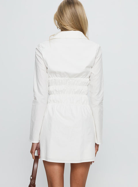 Stellaria Ruched Long Sleeve Mini Dress White | Princess Polly Stellaria Ruched Long Sleeve Mini Dress White | Princess Polly