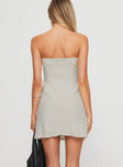 back view of model wearing Princess Polly Langdon Strapless Mini Dress Beige Stripe Straight Neck 