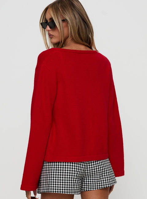 back view of model wearing Princess Polly Norine Tie Up Knit Sweater Red Cropped 