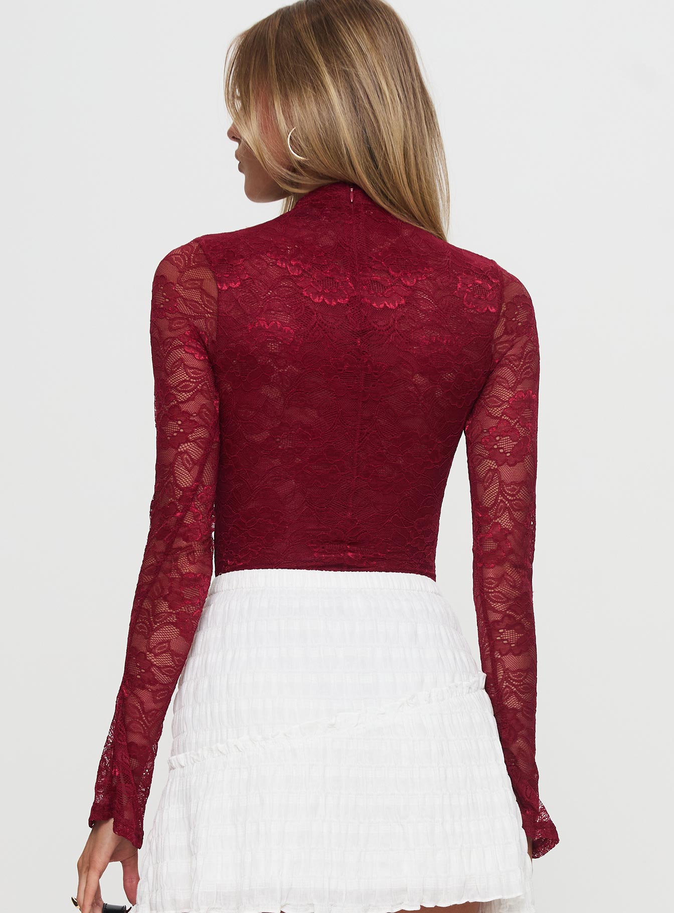 back view of model wearing Princess Polly Twisted Humour Long Sleeve Lace Bodysuit Burgundy Long Sleeve Tops 