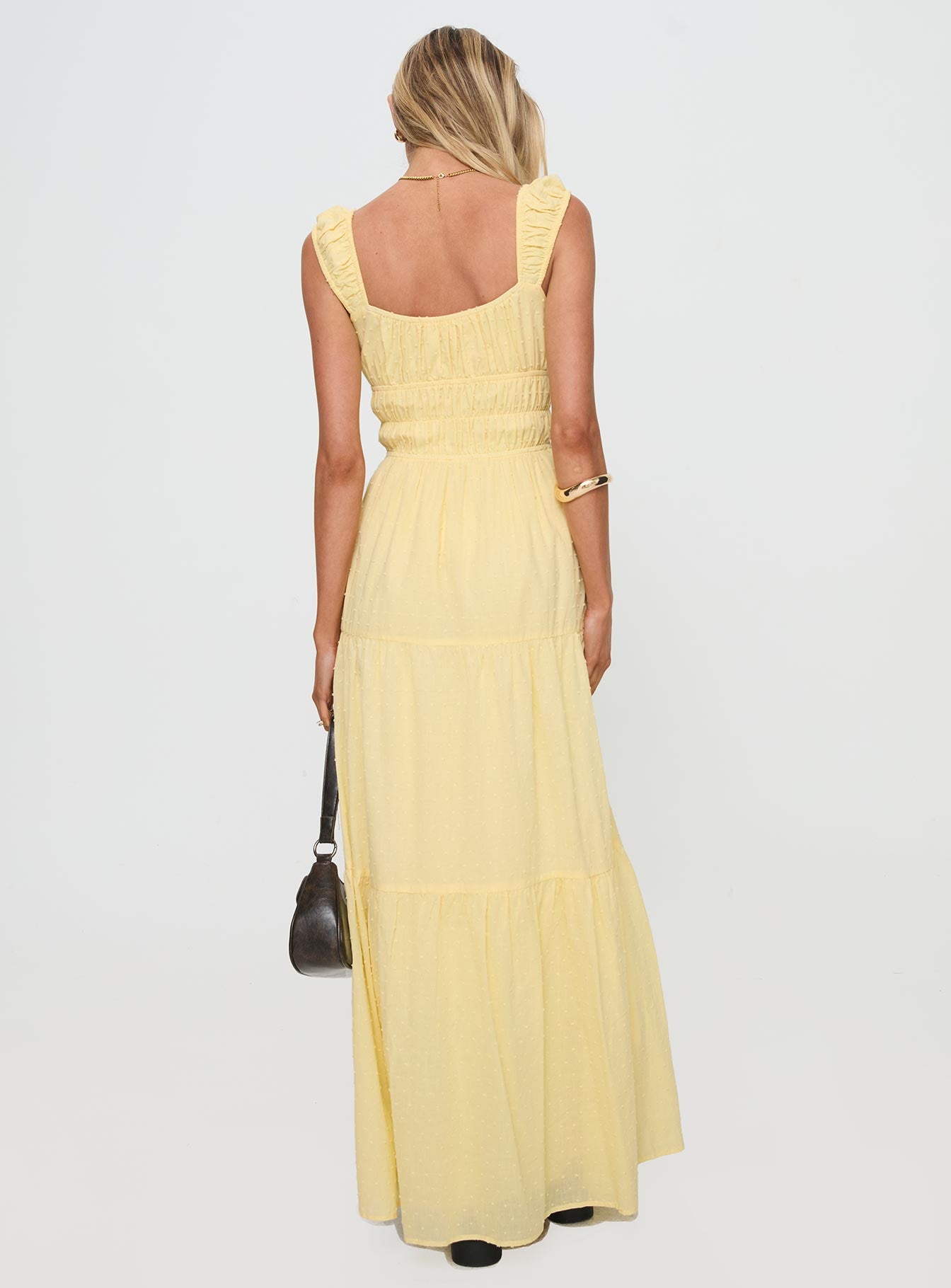 back view of model wearing Princess Polly Skieler Maxi Dress Lemon Square Neck 