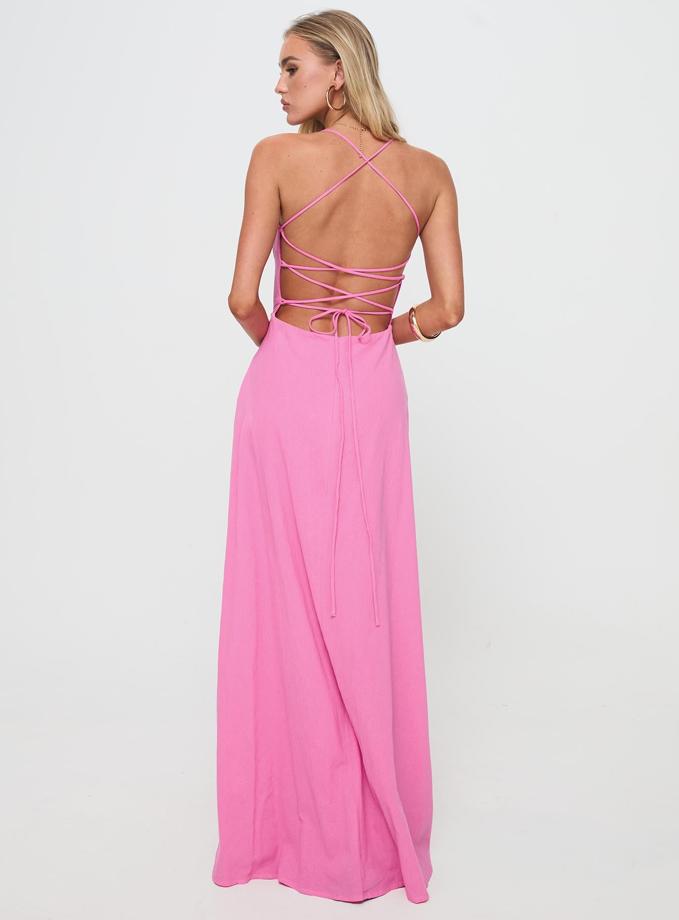 back view of model wearing Princess Polly Clea Maxi Dress Pink Square Neck 