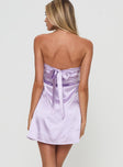 back view of model wearing Princess Polly Shaya Strapless Mini Dress Lilac Straight Neck 