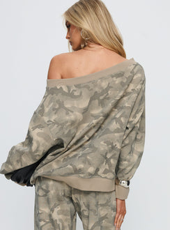 back view of model wearing Princess Polly Wellness Off The Shoulder Jumper Washed Camo 
