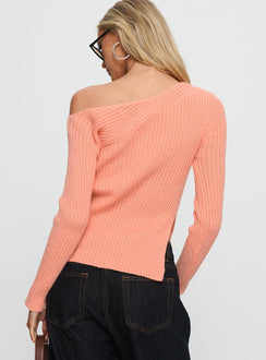 back view of model wearing Princess Polly Exquisite Off Shoulder Knit Sweater Orange Long 