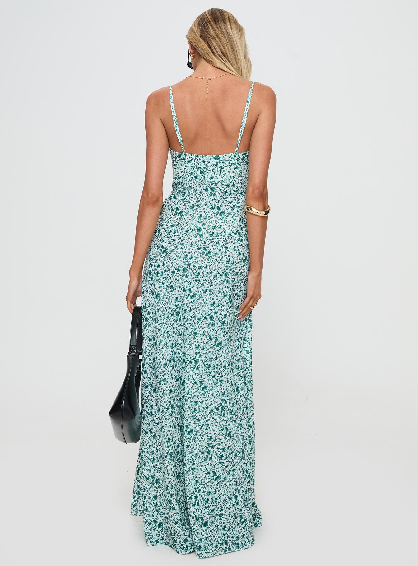 back view of model wearing Princess Polly Easten Maxi Dress Green Sweetheart Neckline 