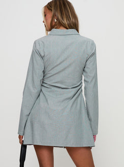 back view of model wearing Princess Polly Publicity Long Sleeve Mini Dress Blue Pinstripe V-Neck 