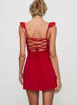 back view of model wearing Princess Polly Landon Mini Dress Red Petite Sweetheart Neckline 