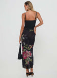 back view of model wearing Princess Polly Paganio Maxi Skirt Black Floral Maxi 