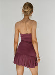 back view of model wearing Princess Polly Love Lingers Strapless Mini Dress Burgundy Straight Neck 