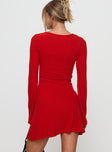 back view of model wearing Princess Polly Best Interest Long Sleeve Mini Dress Red Scoop Neck 