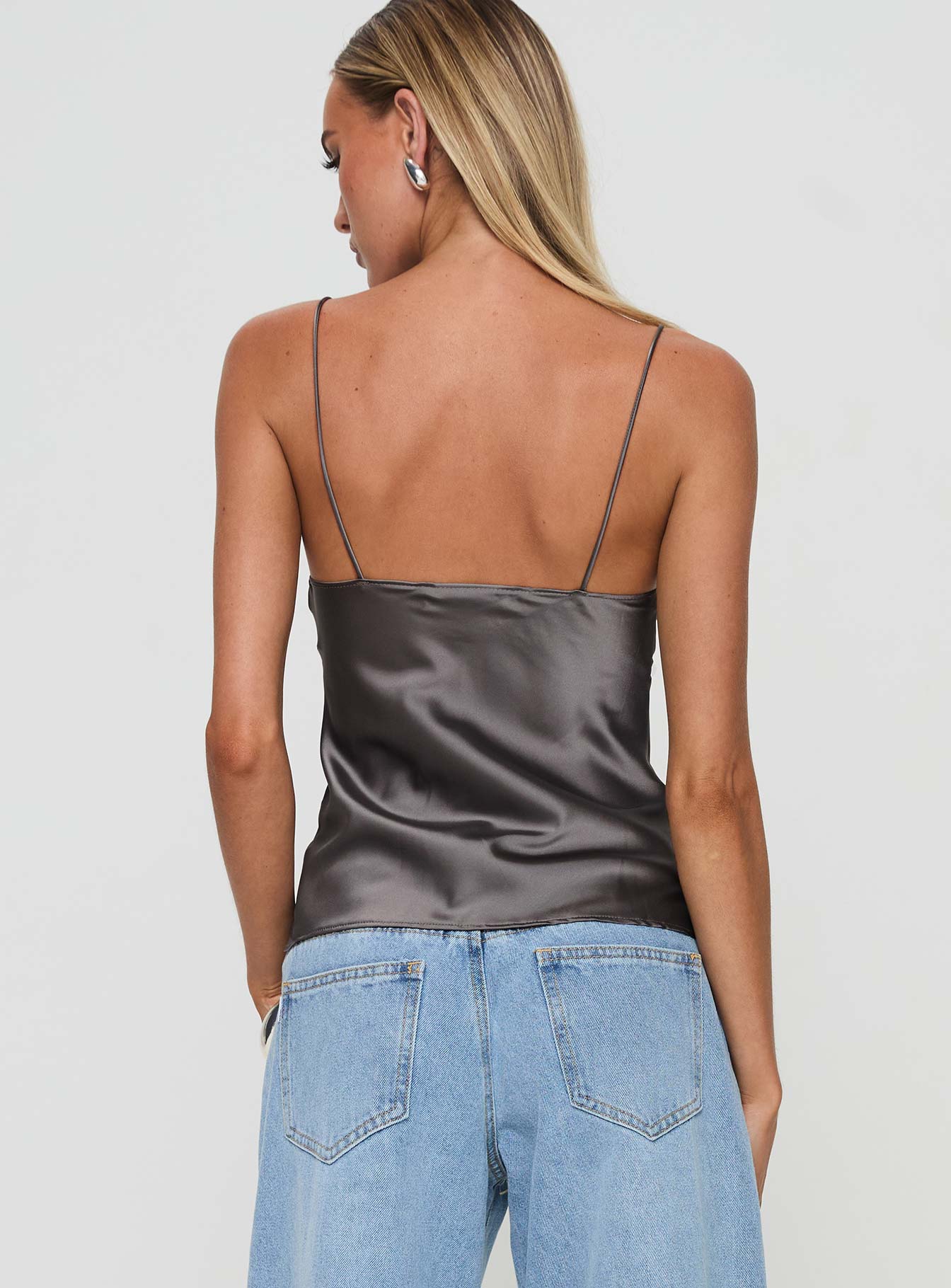 back view of model wearing Princess Polly Mariah Top Grey Sleeveless Plunger 