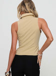 back view of model wearing Princess Polly Bedford Top Beige Sleeveless High Neck 