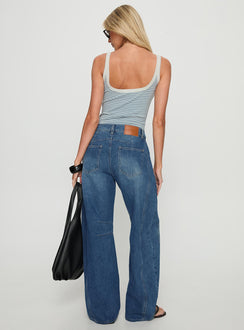 back view of model wearing Princess Polly Normana Mid Rise Cropped Barrel Jeans Mid Blue Wash Mid Rise Jeans 
