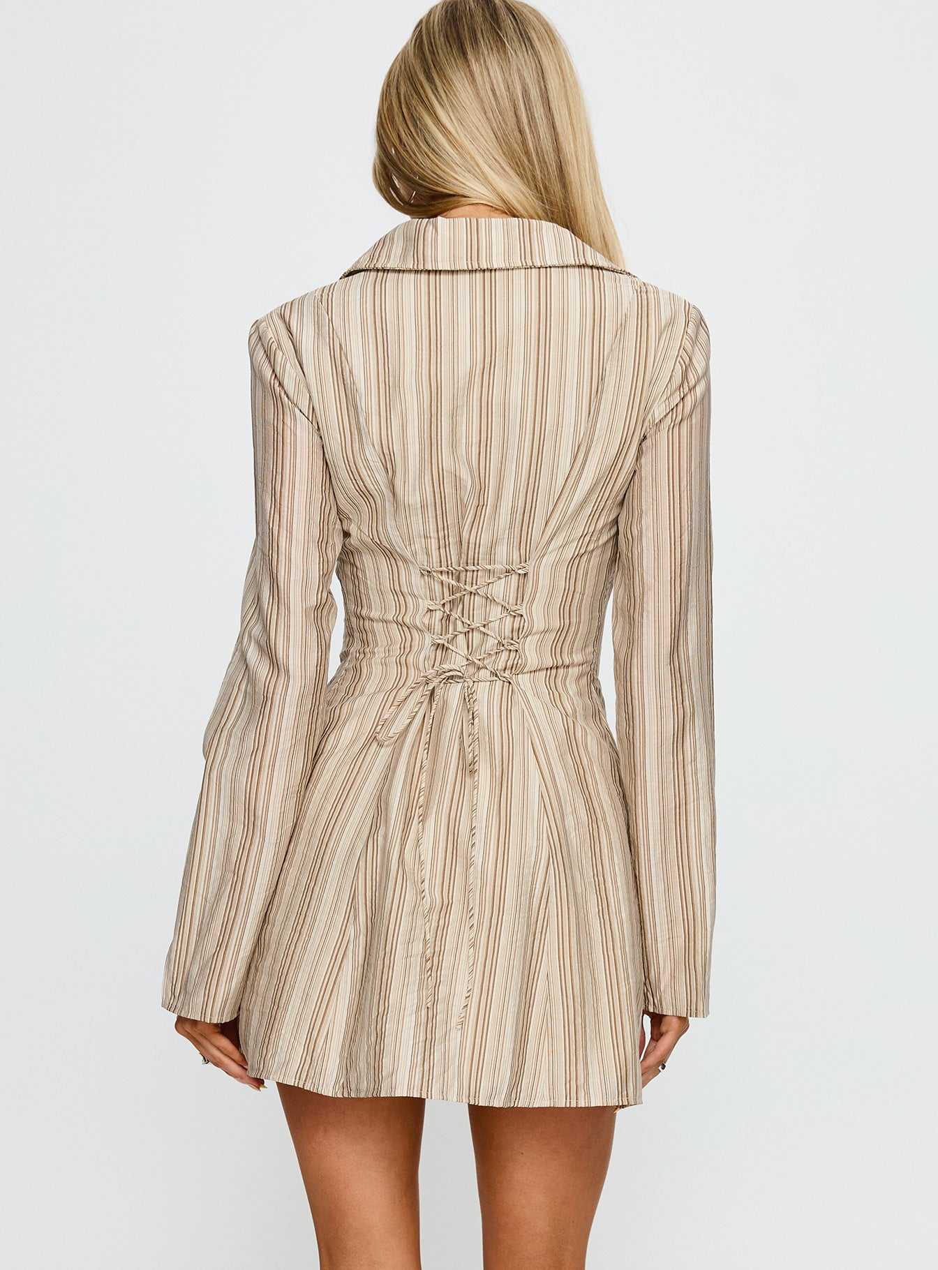 In Your Arms Long Sleeve Tie Back Mini Dress Brown Stripe | Princess Polly In Your Arms Long Sleeve Tie Back Mini Dress Brown Stripe | Princess Polly