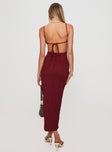 back view of model wearing Princess Polly Elestria Maxi Dress Burgundy Scoop Neck 