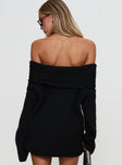 back view of model wearing Princess Polly Snowie Off Shoulder Knit Sweater Black cropped 