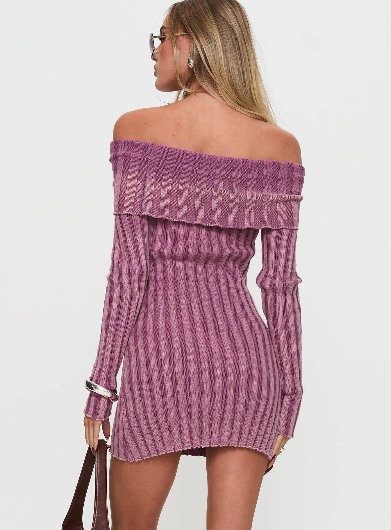 back view of model wearing Princess Polly Kalesie Long Sleeve Rib Mini Dress Pink Straight Neck 