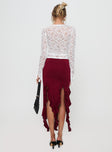 back view of model wearing Princess Polly Peachey Asymmetric Ruffle Midi Skirt Burgundy Midi Skirts 