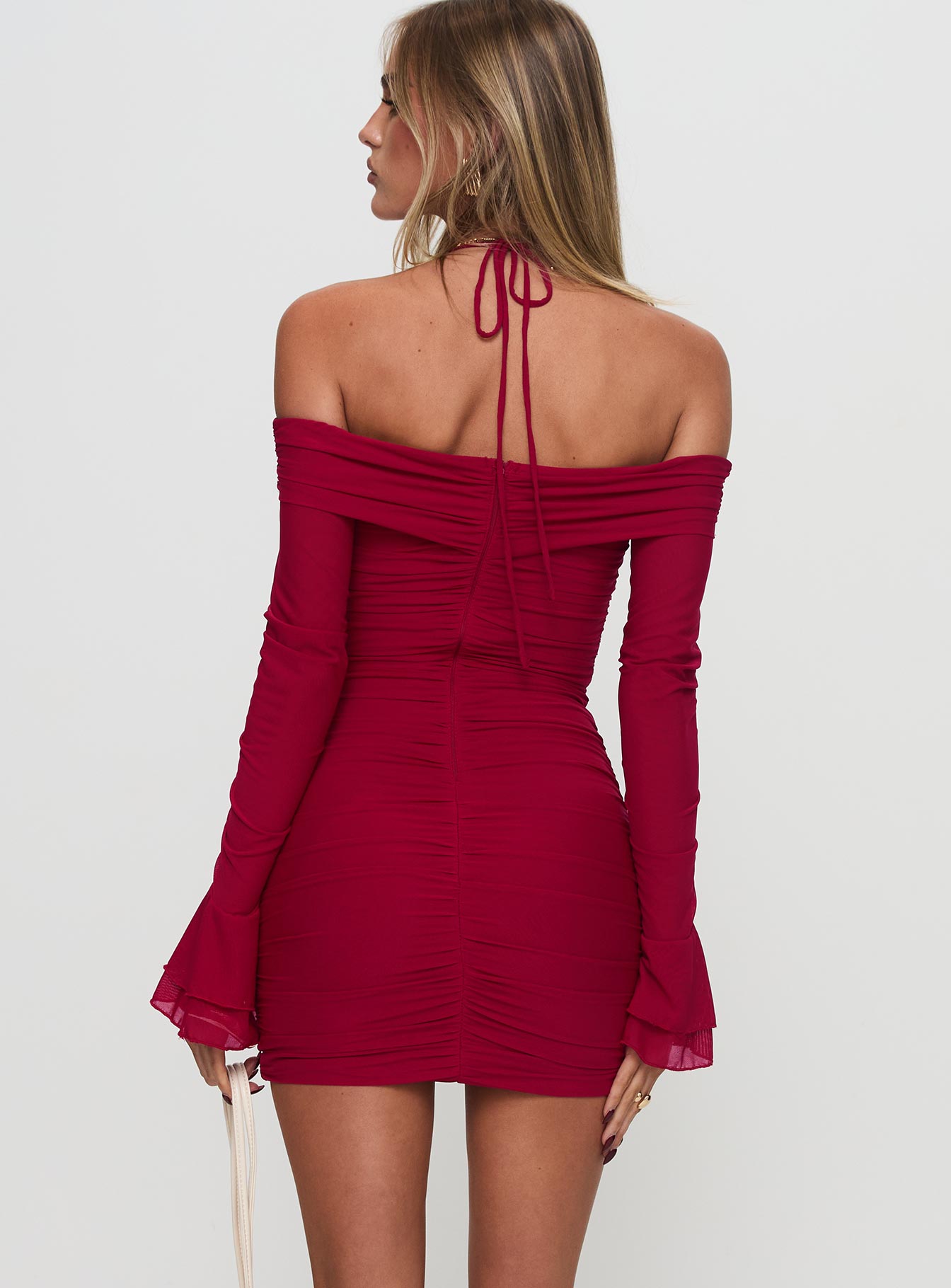 back view of model wearing Princess Polly Taylon Off The Shoulder Mini Dress Red Straight Neck 