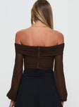 back view of model wearing Princess Polly Babette Off The Shoulder Bodysuit Brown Full Sleeves 