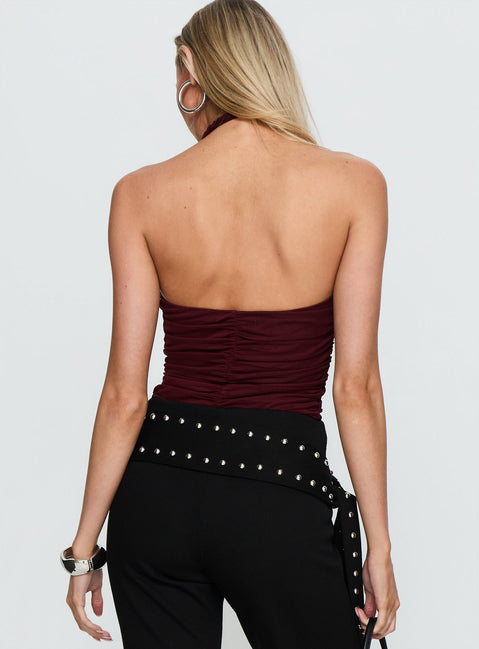 back view of model wearing Princess Polly Eye Candy Ruched Bodysuit Burgundy Sleeveless 