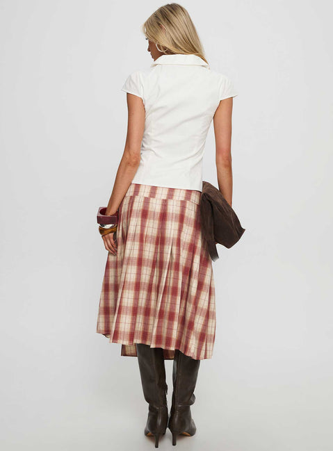 back view of model wearing Princess Polly Norie Wrap Pleat Midi Skirt Red Plaid Midi Skirts 