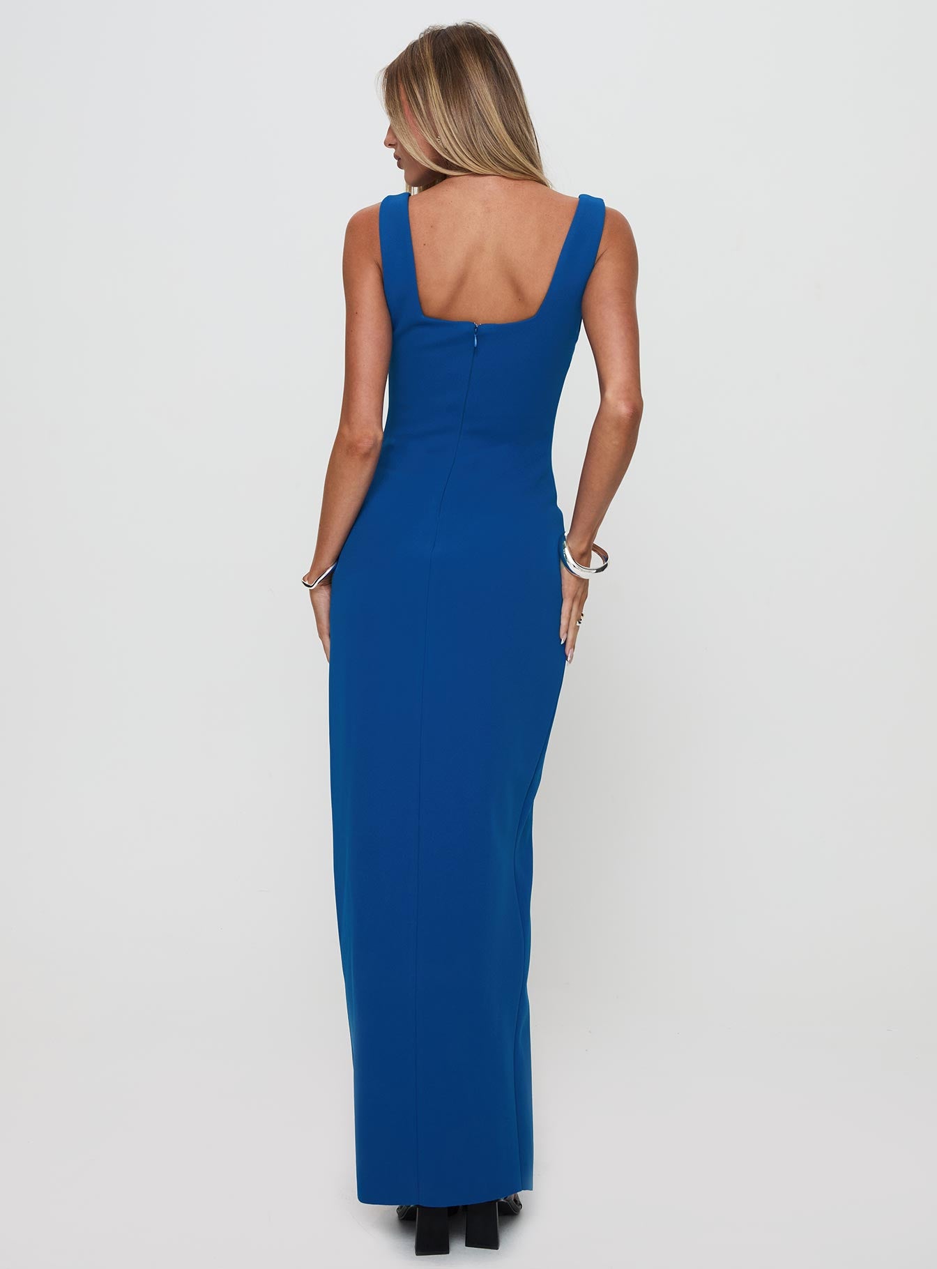 back view of model wearing Princess Polly Bombshell Maxi Dress Cobalt Square Neck 