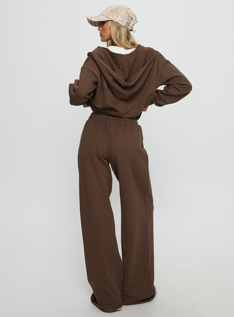 back view of model wearing Princess Polly All Day Straight Leg Sweatpants Chocolate Brown High Rise Pants 