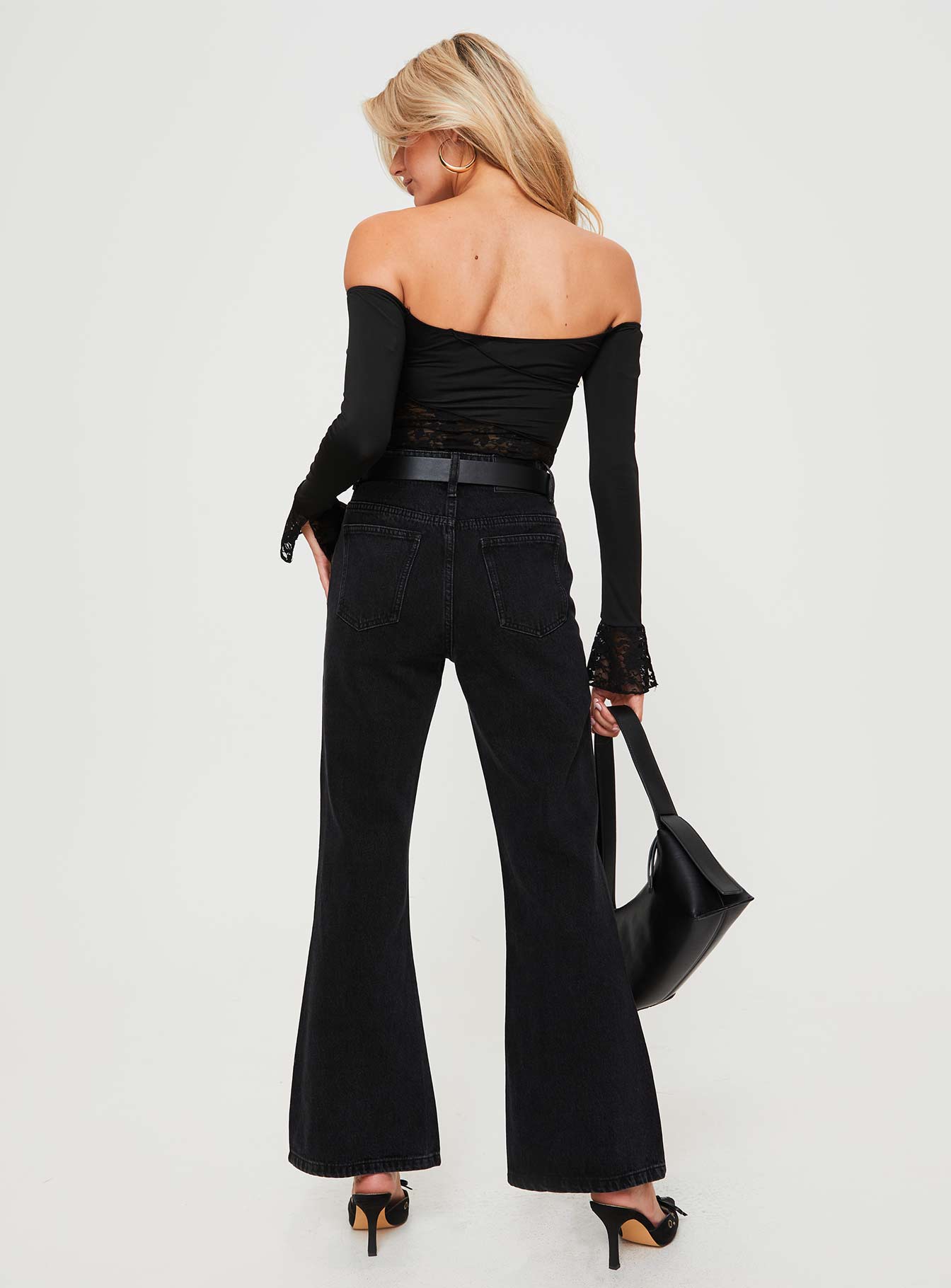 back view of model wearing Princess Polly Cabarita Lounge Denim Jeans Washed Black High Waisted 