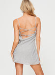 back view of model wearing Princess Polly Tallowood Mini Dress Grey Cowl Neck 