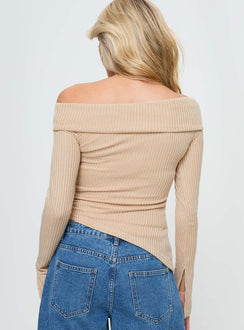 back view of model wearing Princess Polly Streep Off The Shoulder Top Beige Full Sleeves Asymmetric Neckline 