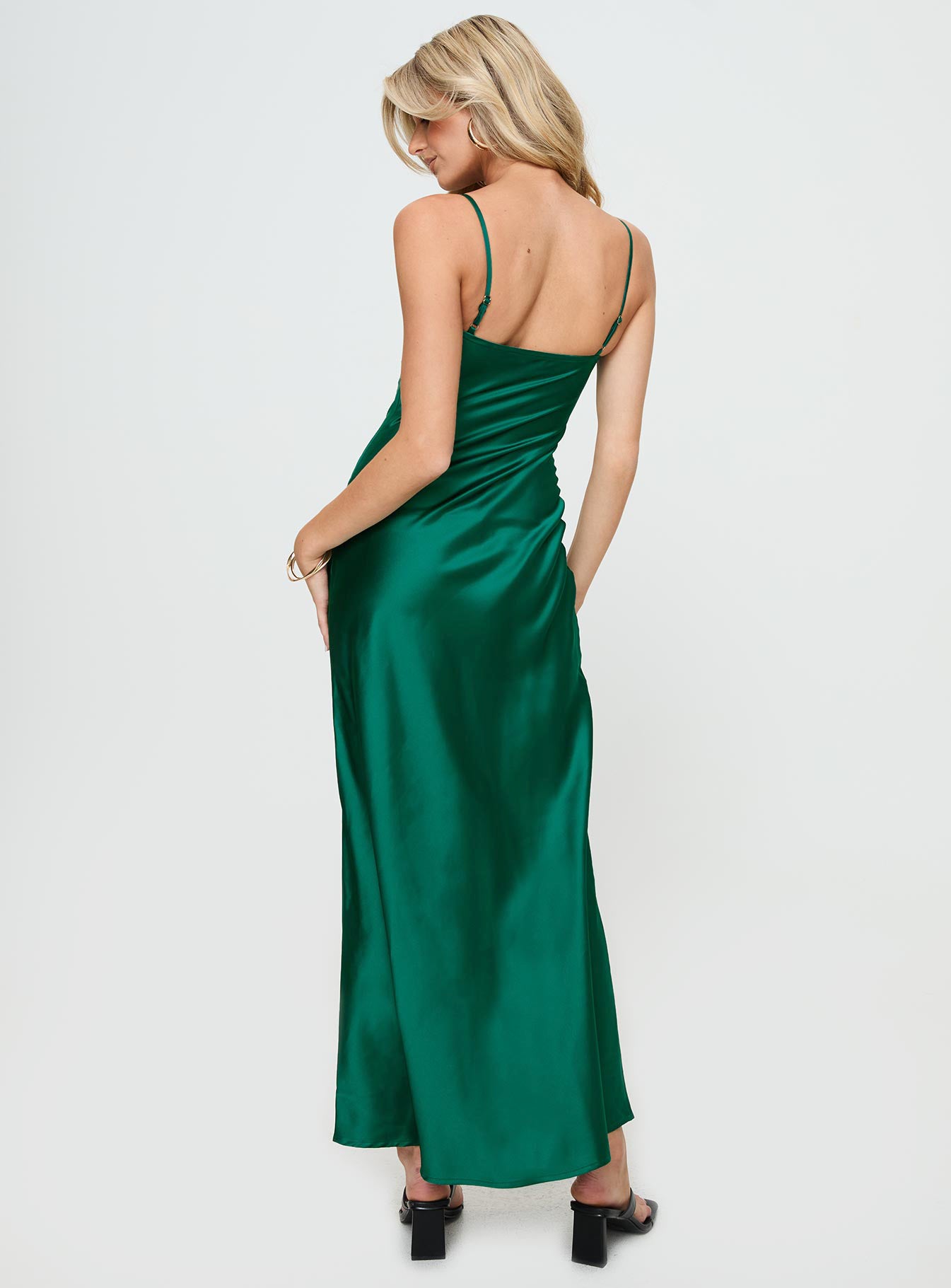 back view of model wearing Princess Polly Blackthorn Maxi Dress Green Sweetheart Neckline 