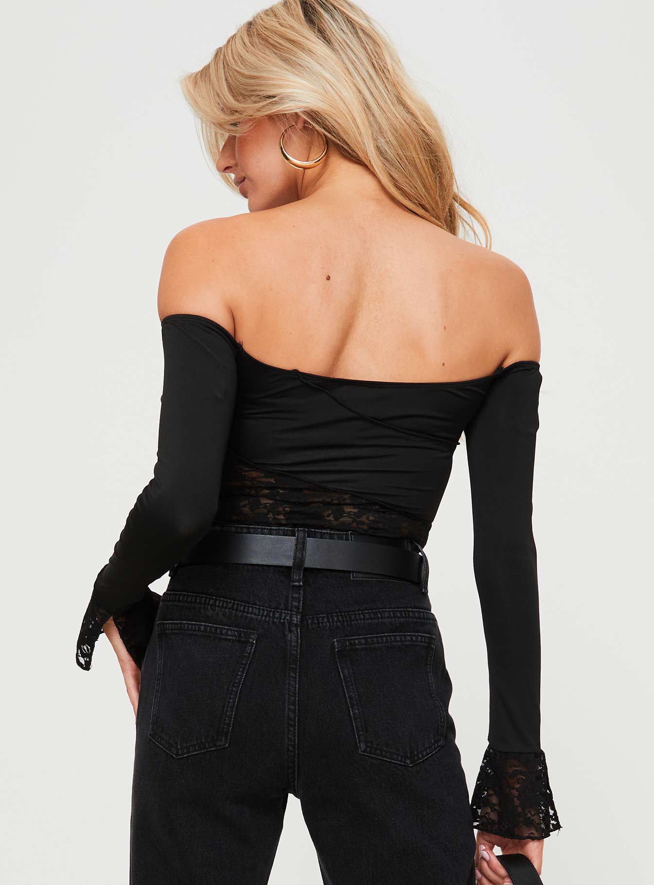 back view of model wearing Princess Polly Valder Off The Shoulder Bodysuit Black Full Sleeves 