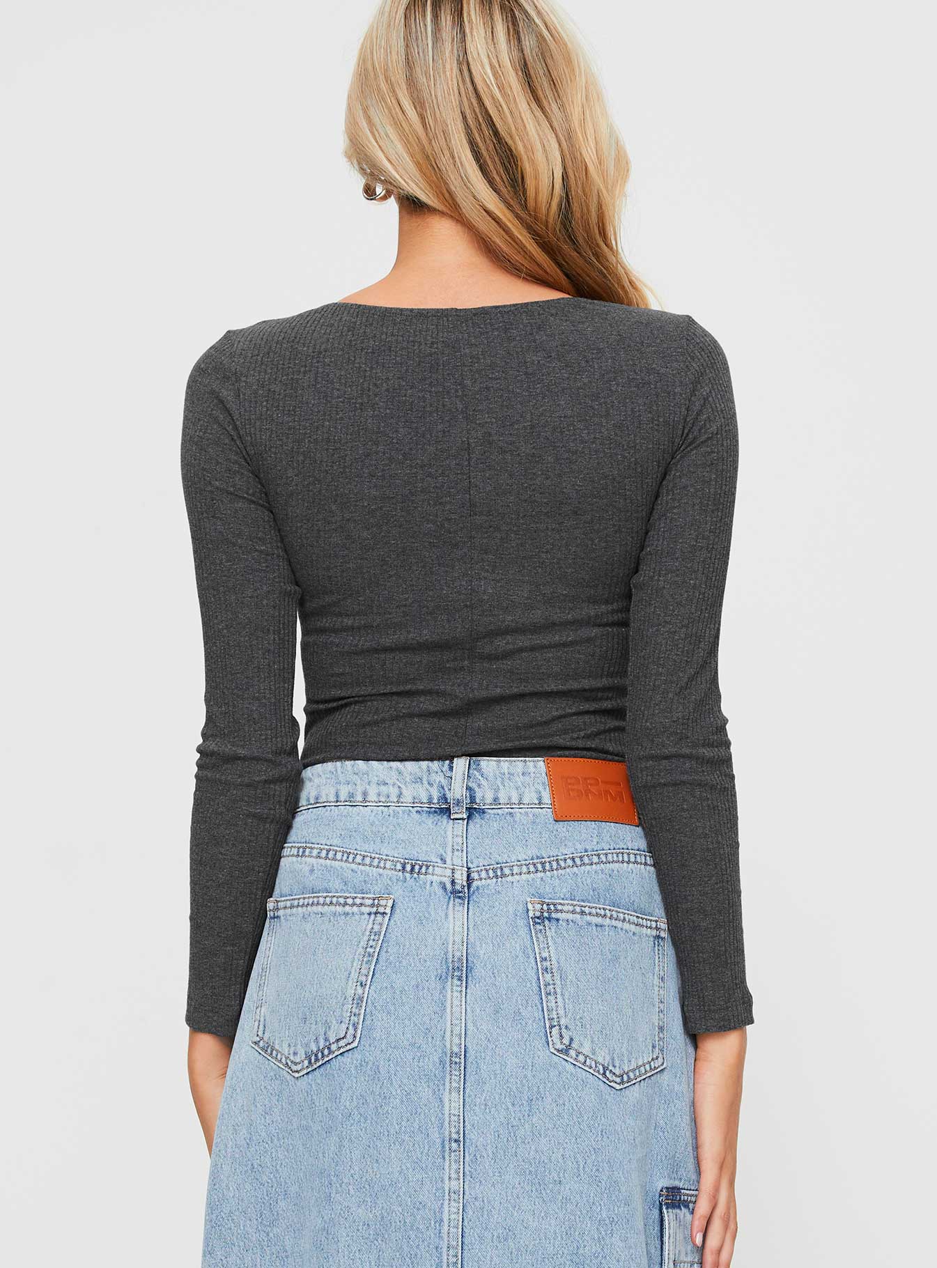 back view of model wearing Princess Polly Barlise Bodysuit Grey Full Sleeves Scoop Neck 