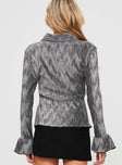 back view of model wearing Princess Polly Ondinie Long Sleeve Top Silver Full Sleeves V-Neck 