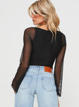 back view of model wearing Princess Polly Liva Sheer Sleeve Bodysuit Black Sleeveless 