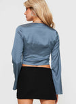 Long sleeve top V-neckline with lace detailing, Slight flare to sleeves, silky material, button fastening at front 