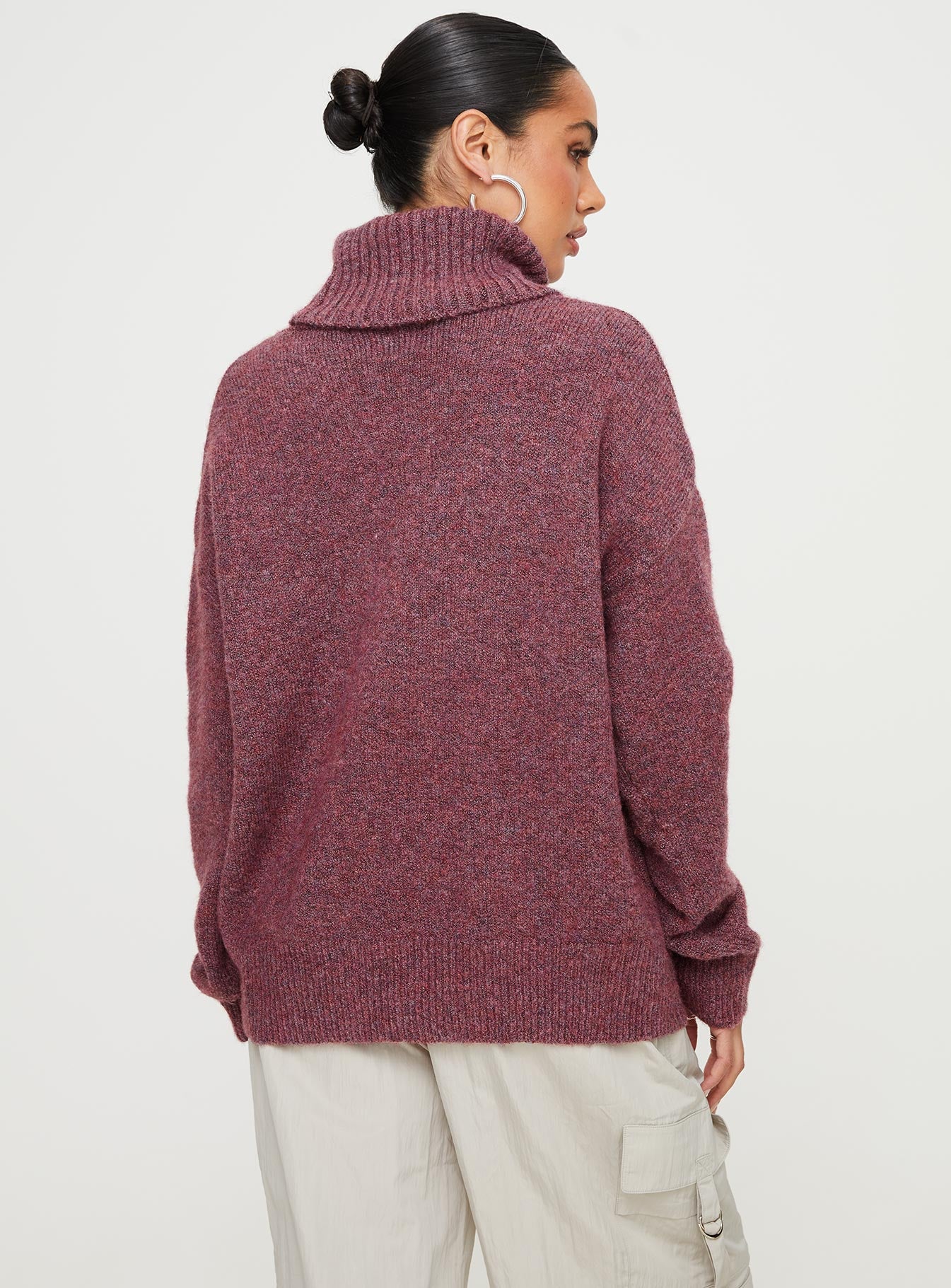 back view of model wearing Princess Polly Oswin Turtleneck Sweater Burgundy 