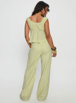 back view of model wearing Princess Polly With Pleasure Tie Side Pant Green / Blue Stripe Mid Rise Pants 