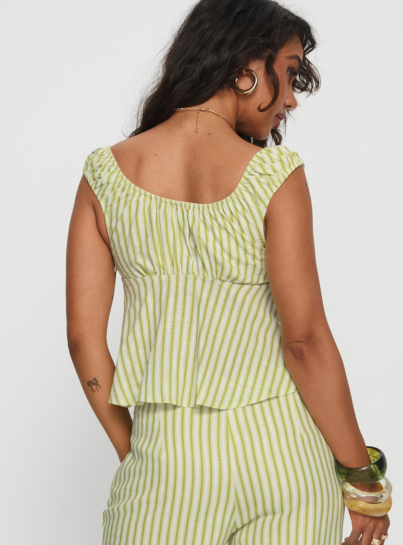 With Pleasure Puff Sleeve Linen Blouse Top Green / Blue Stripe