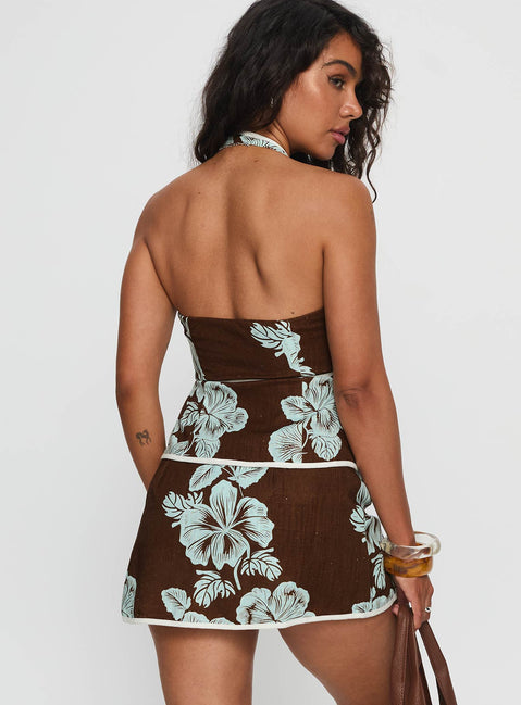 Anyah Tie Side Linen Skort Brown / Blue