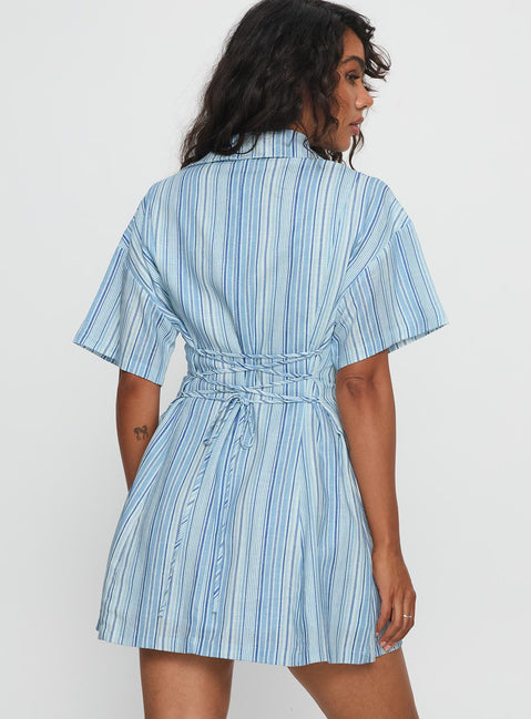 Wylla V Neck Linen Mini Dress Blue Stripe