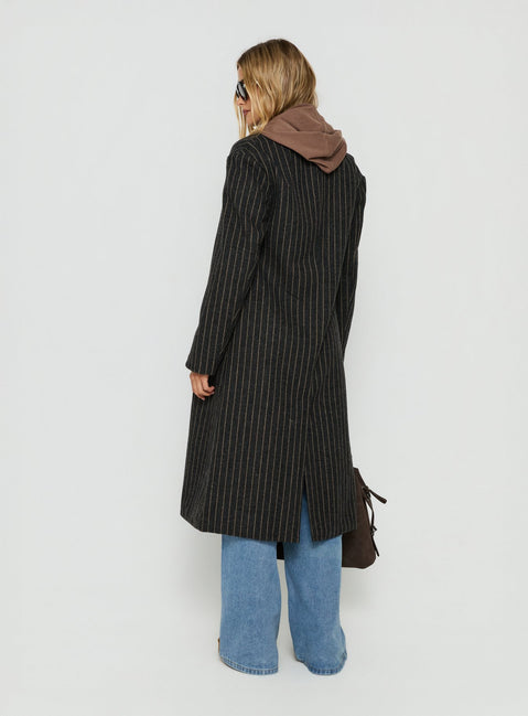 Olimpea Longline Trench Coat Black Pinstripe