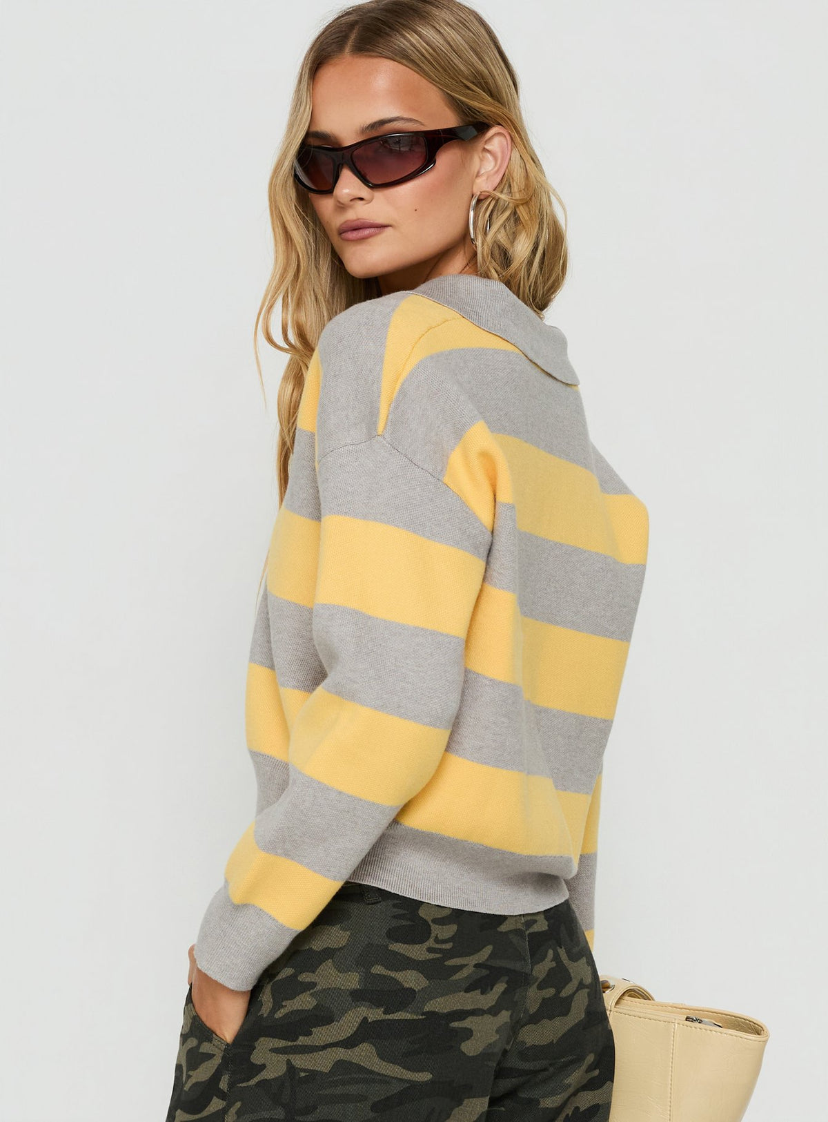 Novara Knit Cropped Rugby Jersey Grey / Yellow Stripe