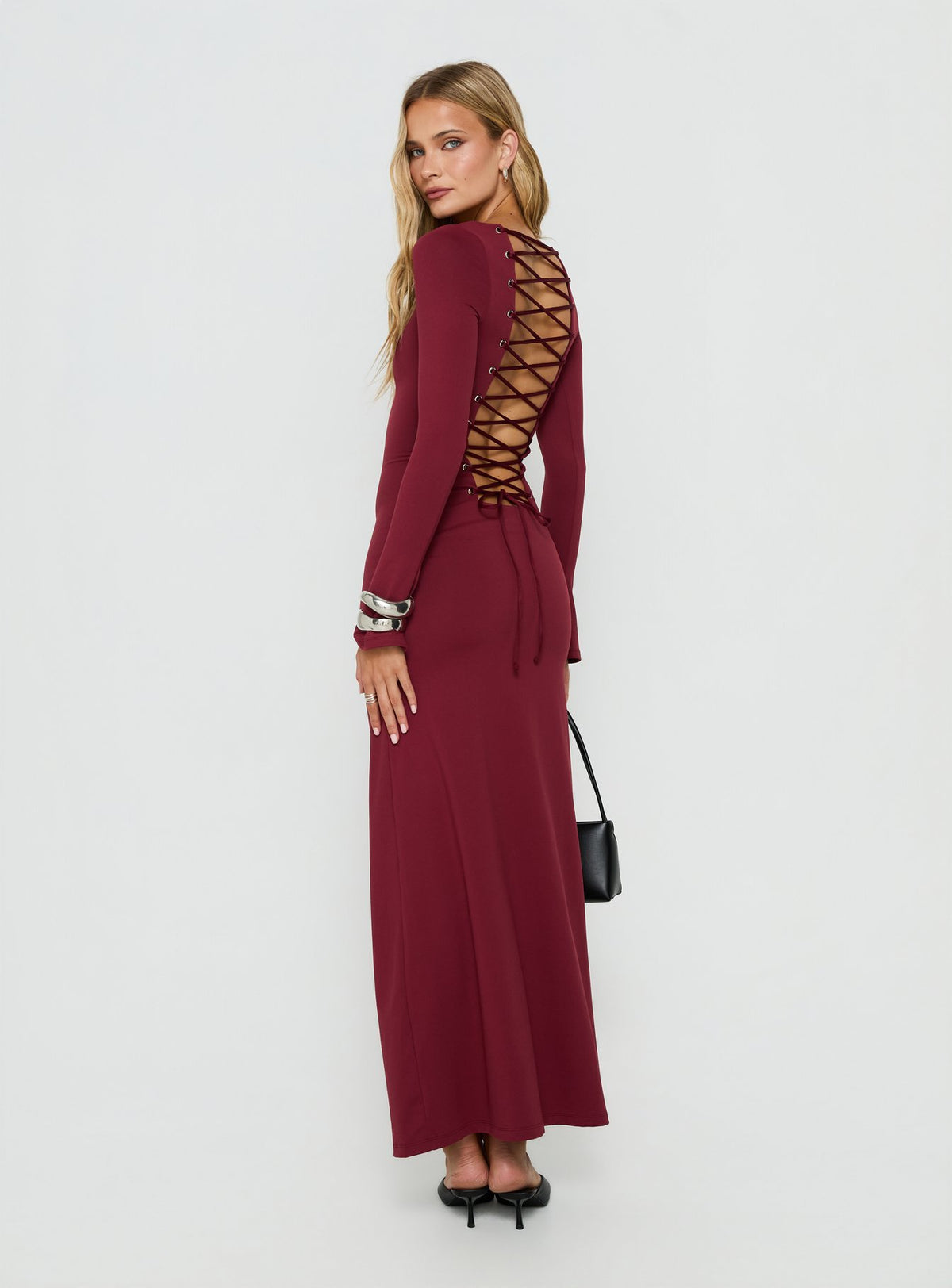 Henrieta Lace Up Maxi Dress Burgundy
