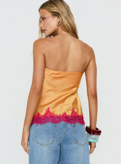 Fiorelle Strapless Lace Trim Satin Top Orange / Pink
