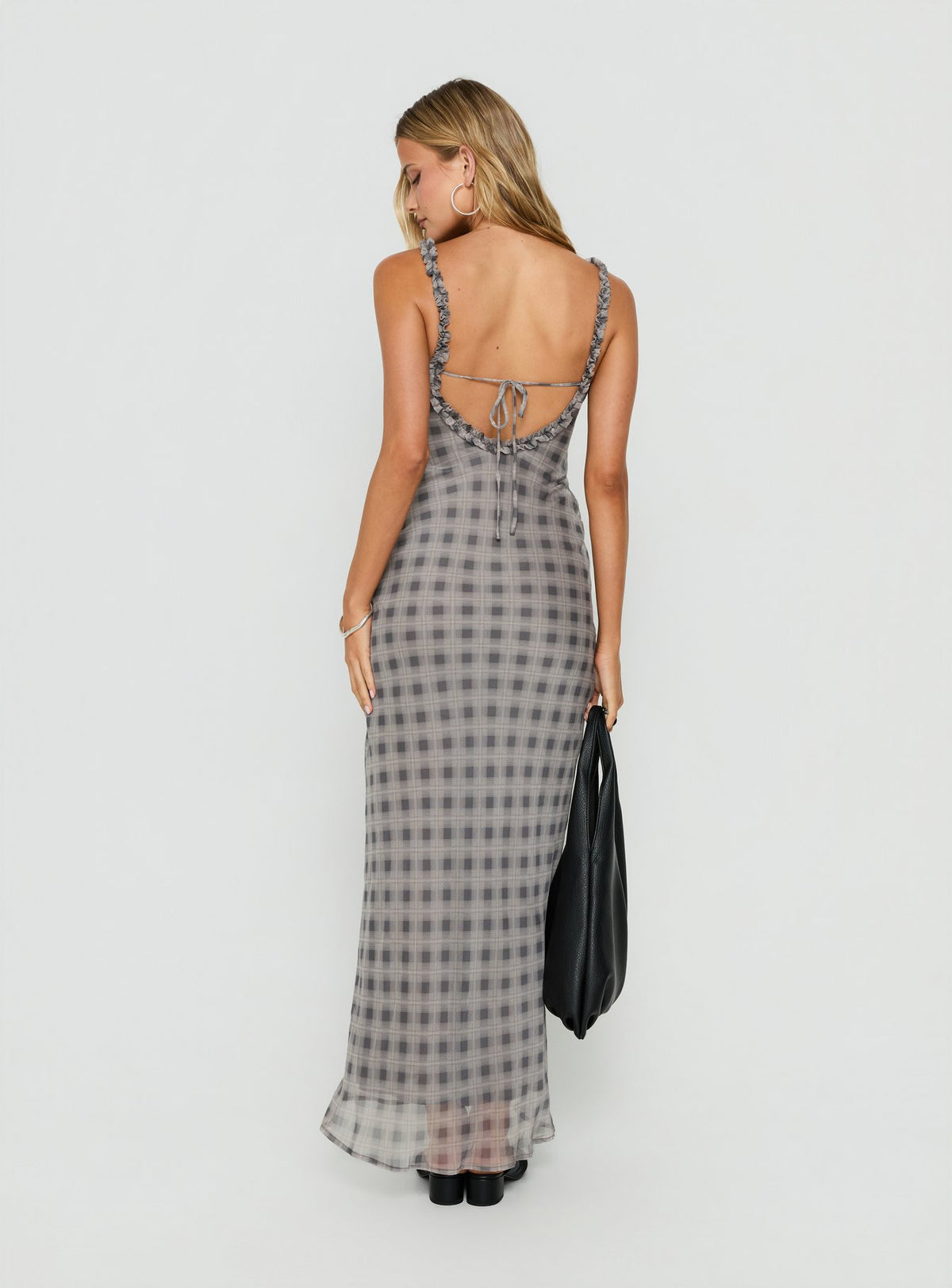 Baley Bias Cut Frill Maxi Dress Grey / White Check