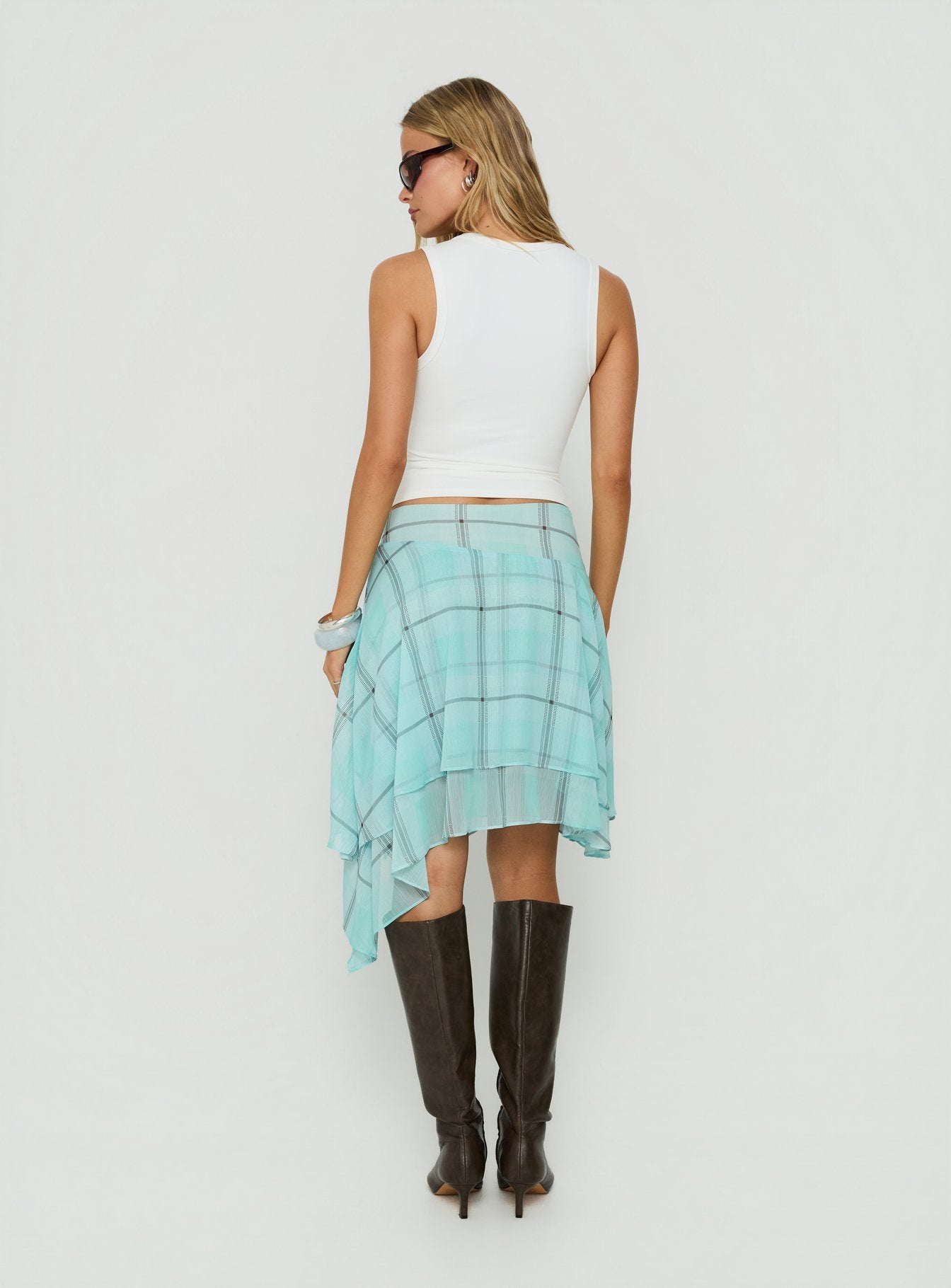 Ophella Tie Waist Chiffon Midi Skirt Aqua Check